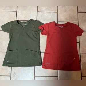 Grey's Anatomy by Barco  Olive and Coral Scrub Tops two tops. Both small